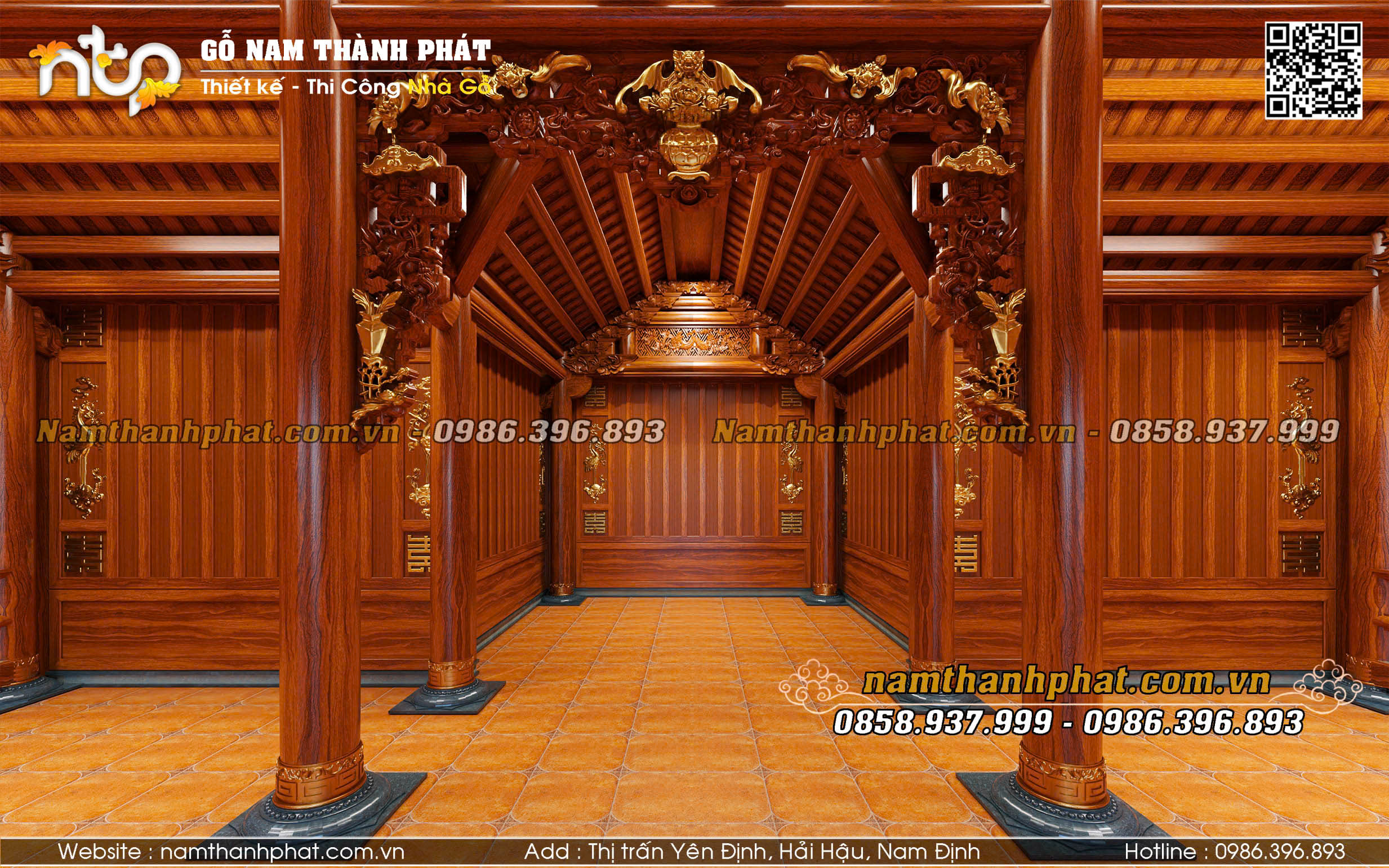 Nội thất nhà gỗ 3 gian có hậu cung